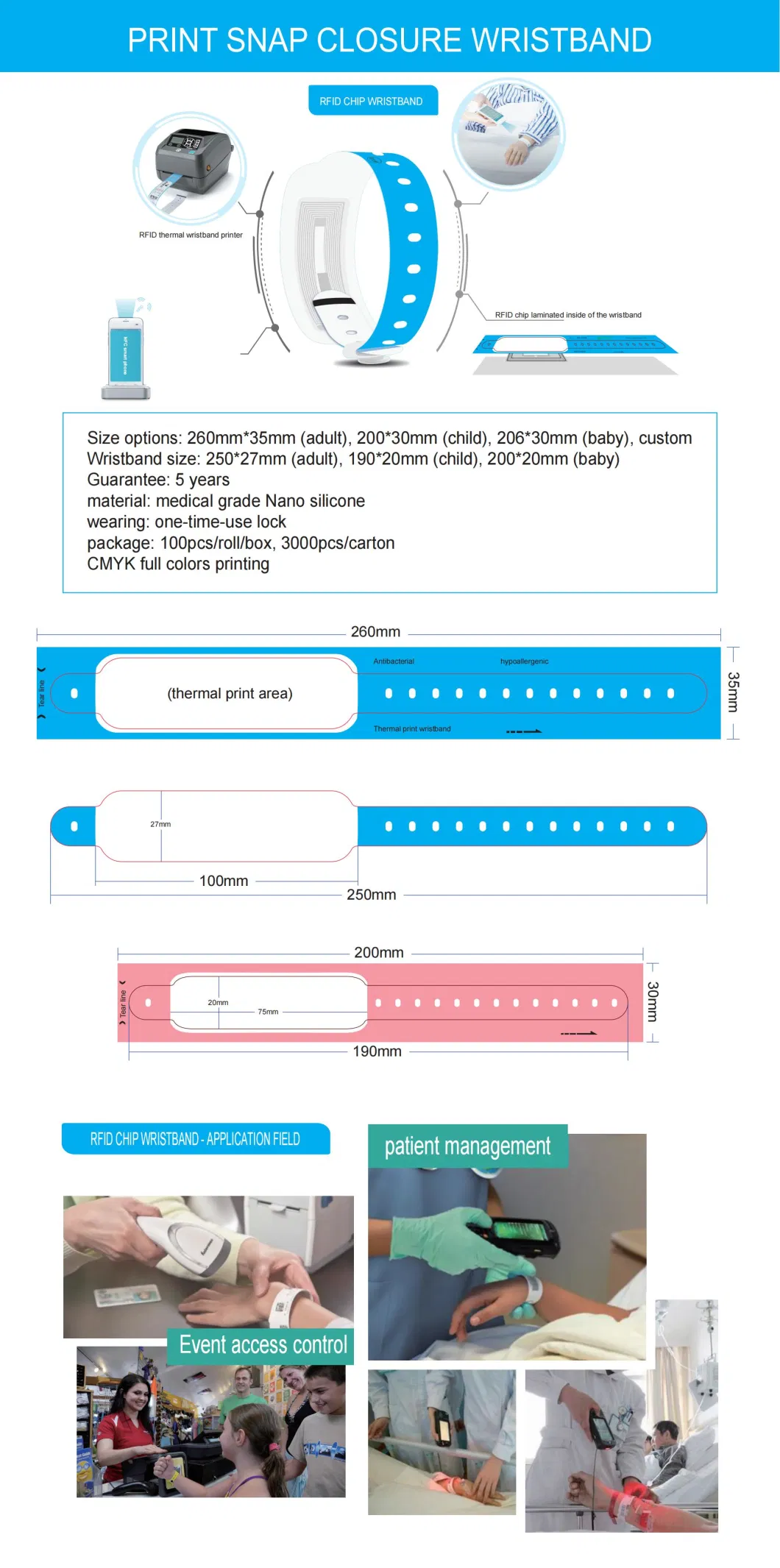 Thermally Printed Medical Wristband Labels 13.56MHz 125kHz UHF 860-960MHz Tag Adjustable Medical Management Wristband