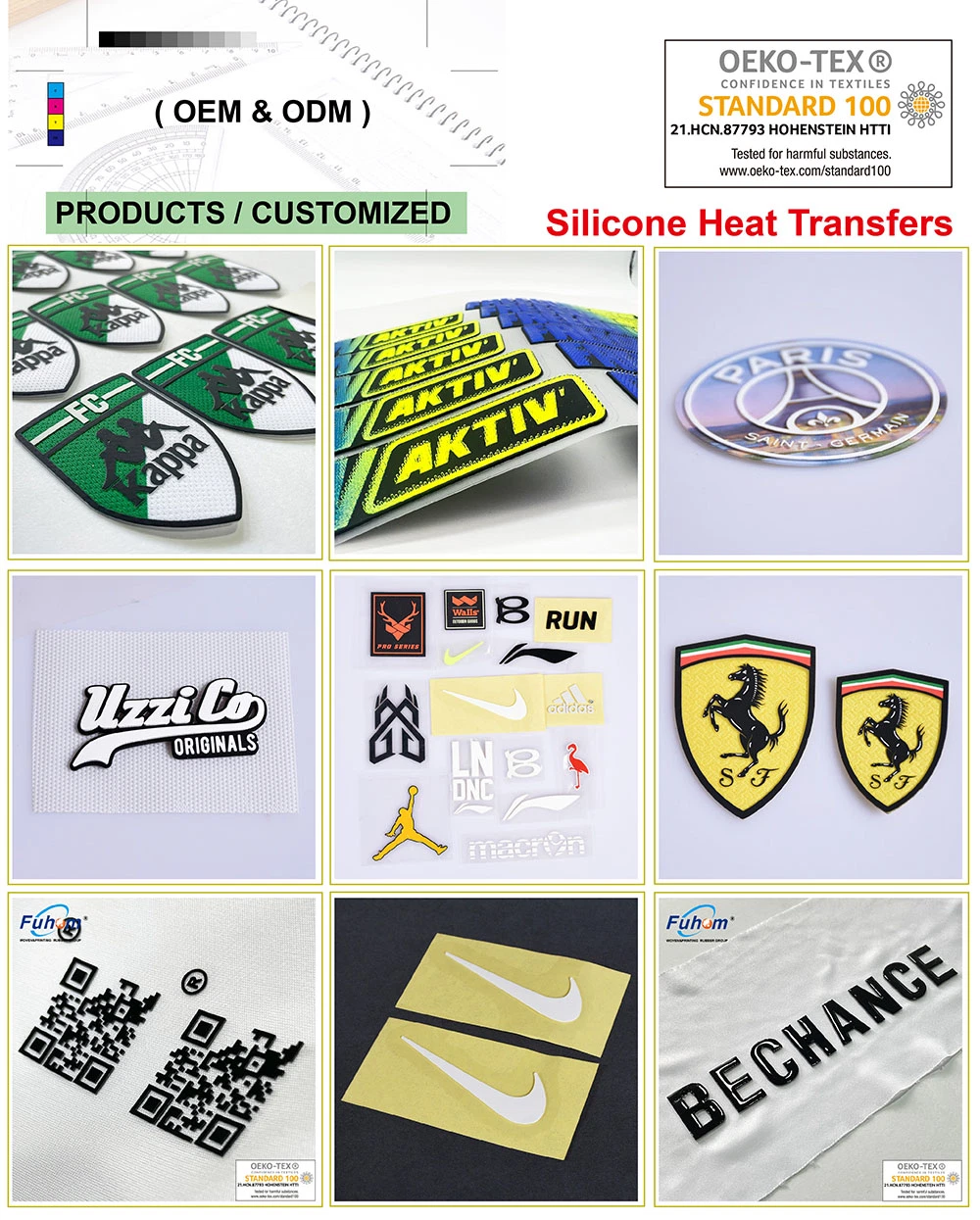 Oeko-Tex Custom 3D Embossed Iron on Rubber Logo Heat Press Patches Clothing High Density Silicone Heat Transfer Printing Labels