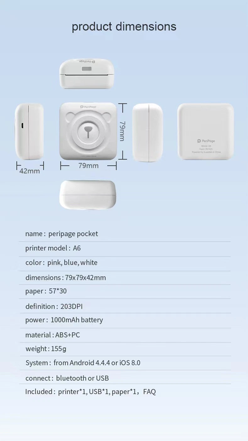 Portable 58mm Peripage A6 Thermal Label Printer Wireless Thermal Label Printer Mini Sticker Photo Printer with Bt