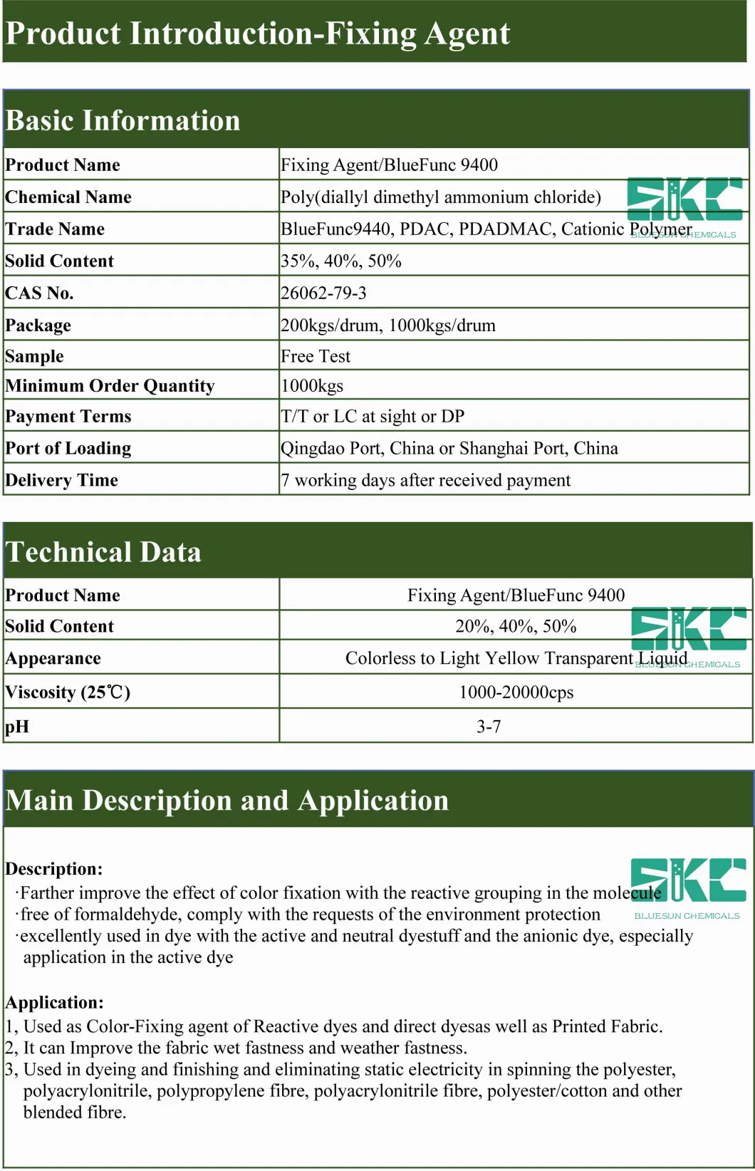 Non Formaldehyde Cationic Dye Fixing Agent