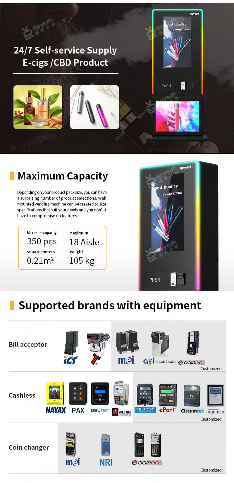 Custom 18 Aisle Age Recognition E Cigarette Vape Vending Machines