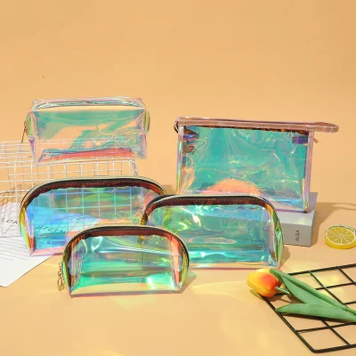 Wholesale Customized Logo Large Portable Holographic Laser Glitter PVC Pink Bulk Cosmetic Makeup Toiletry Bag