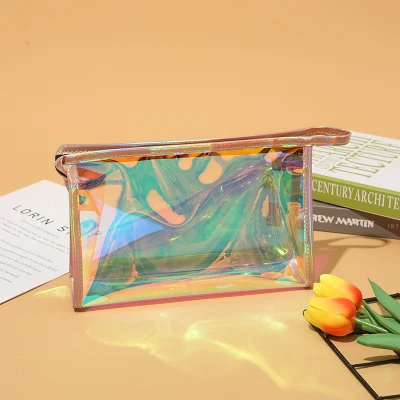 Wholesale Customized Logo Large Portable Holographic Laser Glitter PVC Pink Bulk Cosmetic Makeup Toiletry Bag