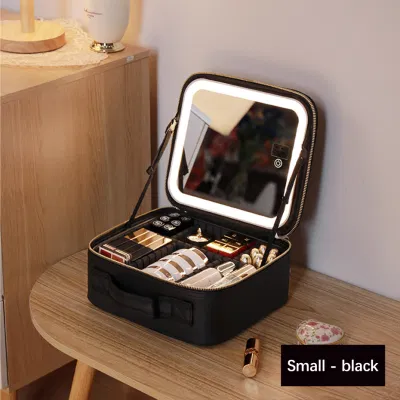 High Quality PU Make up Organizer with LED Light Mirror Waterproof Cosmetic Case Travel Bags Hand Makeup Suitcase
