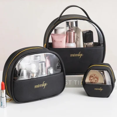  Eco Recycled Waterproof PU Round Makeup Bag Cosmetic Bags Cute Pouch with Brush Holder Travel Wash Toiletries Bag for Women