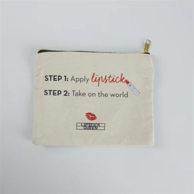 Custom Logo Printed Nature Canvas Cotton Makeup Cosmetic Toiletry Accessory Birthday Gift Wedding Party Double Side Small Clutch Lipstick Pouch Metal Zipper Bag