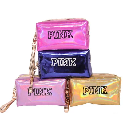 Fashion Waterproof Makeup Bag Pink Holographic PU Travel Cosmetic Ladies Bag