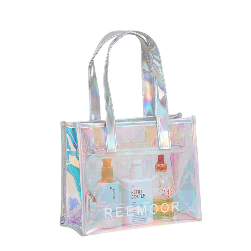 Holographic Transparent Handbags Bag Laser Clear PVC Tote Shopping Bag with Printed PP Handle