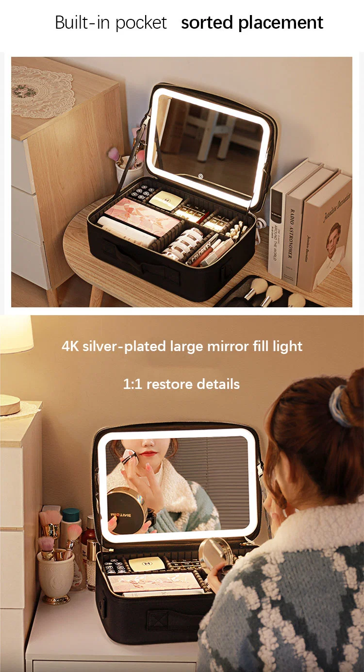 High Quality PU Make up Organizer with LED Light Mirror Waterproof Cosmetic Case Travel Bags Hand Makeup Suitcase