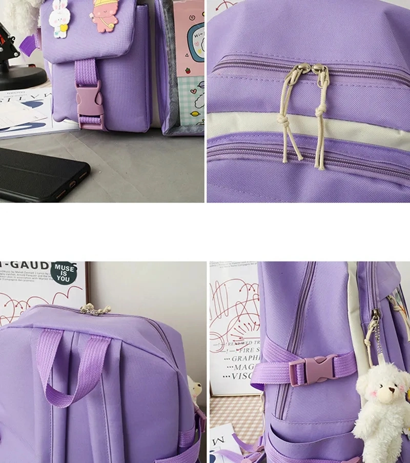 4 PCS Set Canvas Girls Kawaii College Student Kids Rucksack School Bags for Teenage