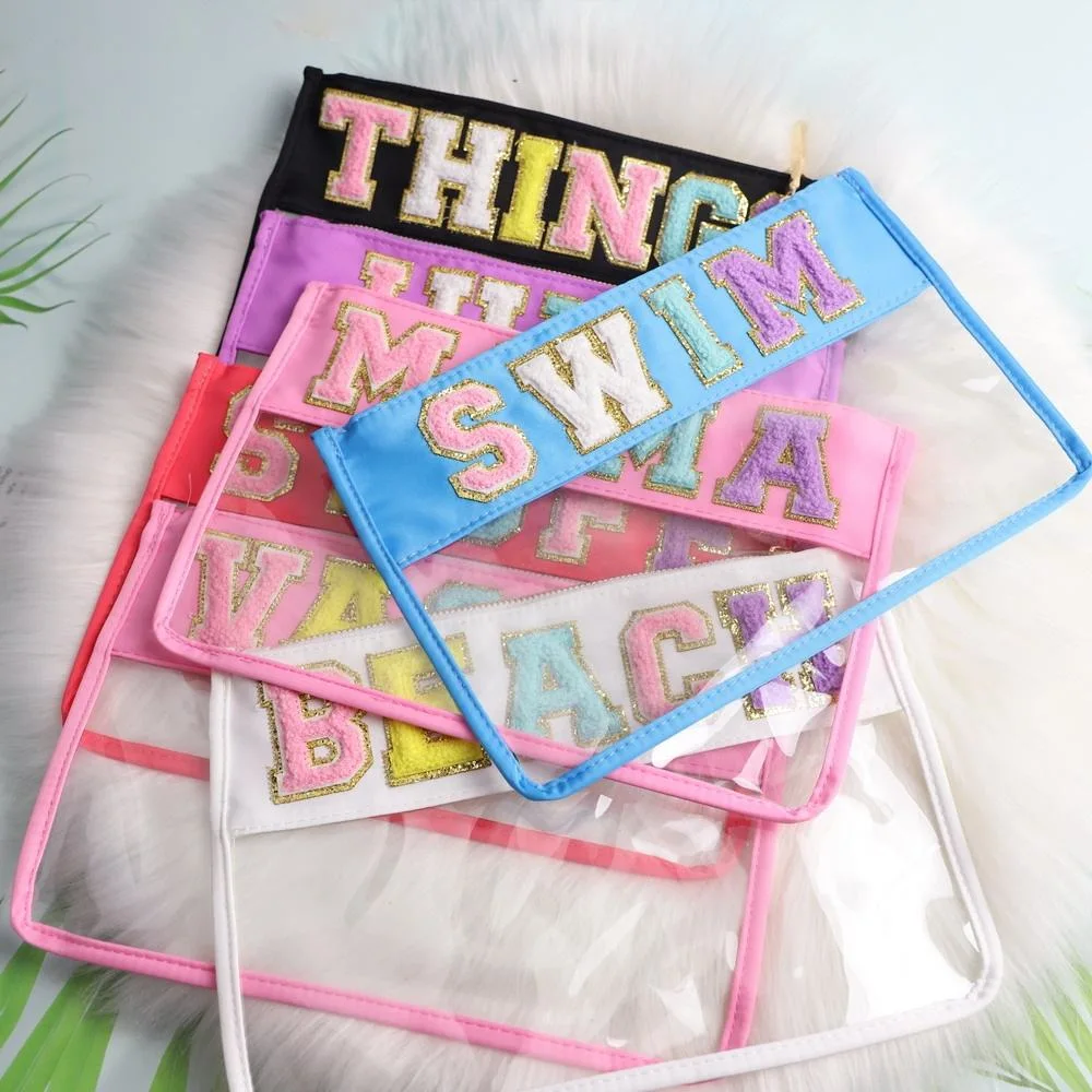 Personalized Waterproof PVC Zipper Transparent Chenille Letter Patches Clear Cosmetic Bag