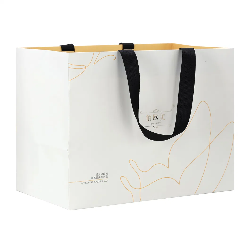 Customized Logo Printed Pearl White Paper Packaging Bag for Cosmetics