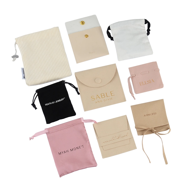Custom Printed Luxury White Gift Cotton Leather Suede Microfiber Jewelry Bag Black Packaging Velvet Jewelry Pouch with Logo