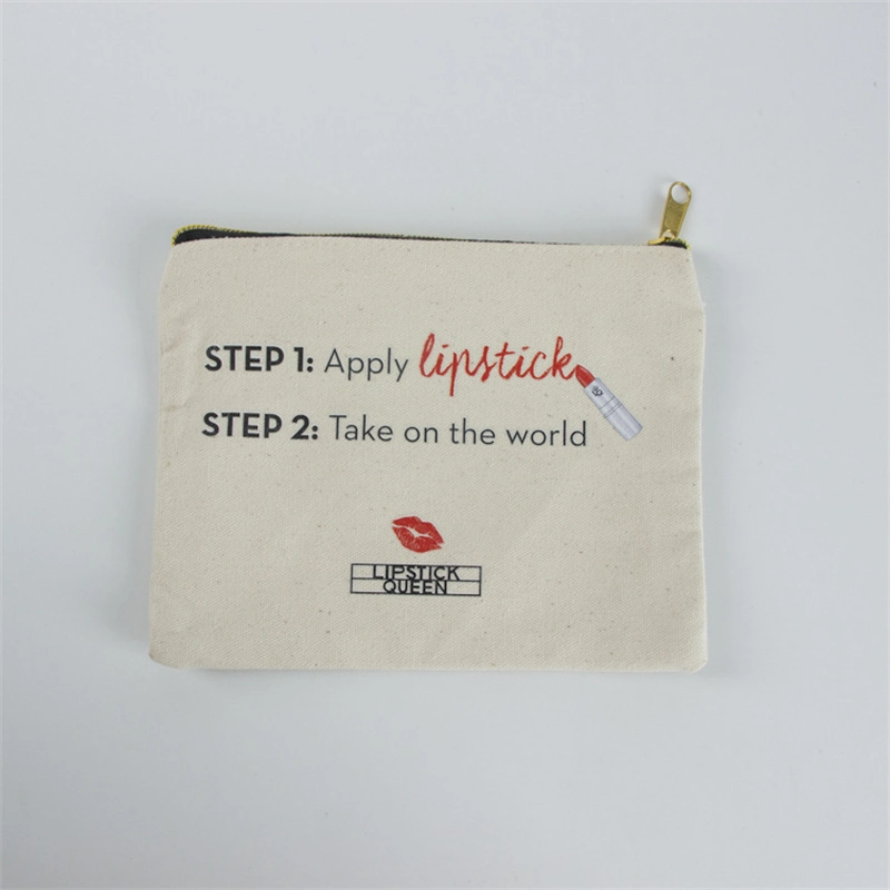 Custom Logo Printed Nature Canvas Cotton Makeup Cosmetic Toiletry Accessory Birthday Gift Wedding Party Double Side Small Clutch Lipstick Pouch Metal Zipper Bag