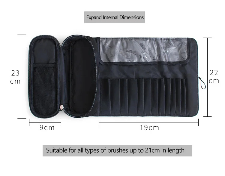 High Capacity Custom Logo Premium Black Pink PU Zipper Folding Travel Make up Pouch Beauty Makeup Brush Cosmetic Bag