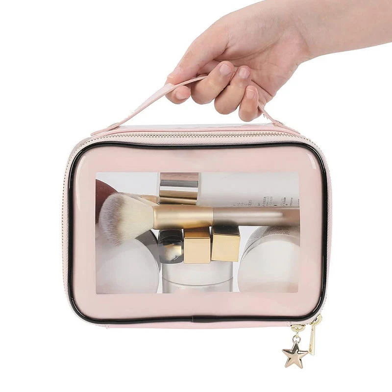 PVC Waterproof Clear Makeup Bag Tote Handle Customize Logo Zipper Case Function Cosmetic Square Bag