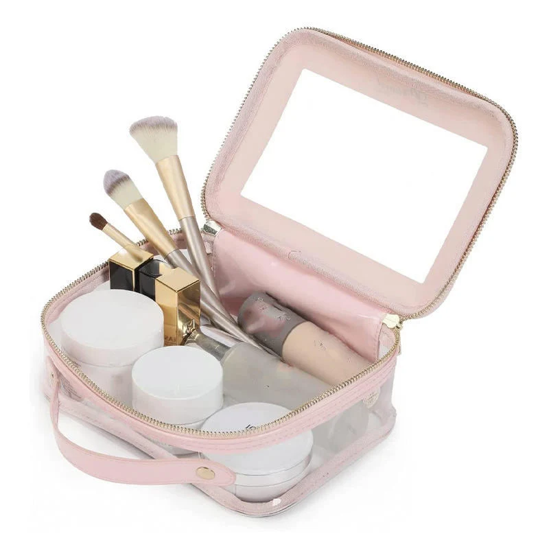 PVC Waterproof Clear Makeup Bag Tote Handle Customize Logo Zipper Case Function Cosmetic Square Bag