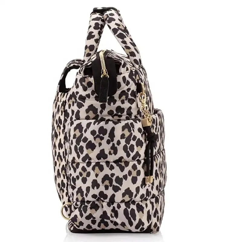 Custom Leopard Print Pattern Lightweight Multi-Function Travel Mommy Puffer Style Baby Diaper Bag Backpack