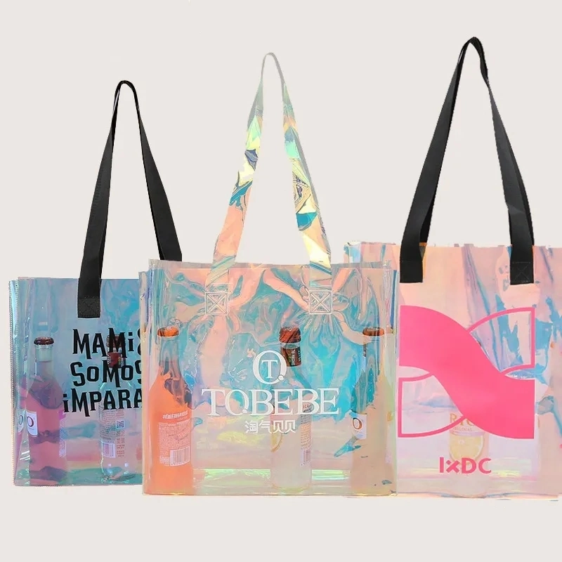 Hot Sale Customized Logo&Size Clear Transparent Holographic PVC Gift Iridescent Tote Cosmetic Bag