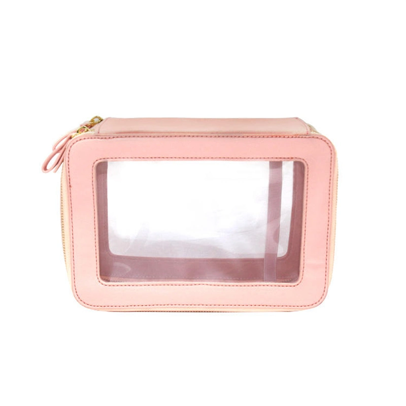 BSCI ISO Makeup Case Transparent Toiletries Pouch Clear Luxury PVC Cosmetic Leather Makeup Bag with Zipper