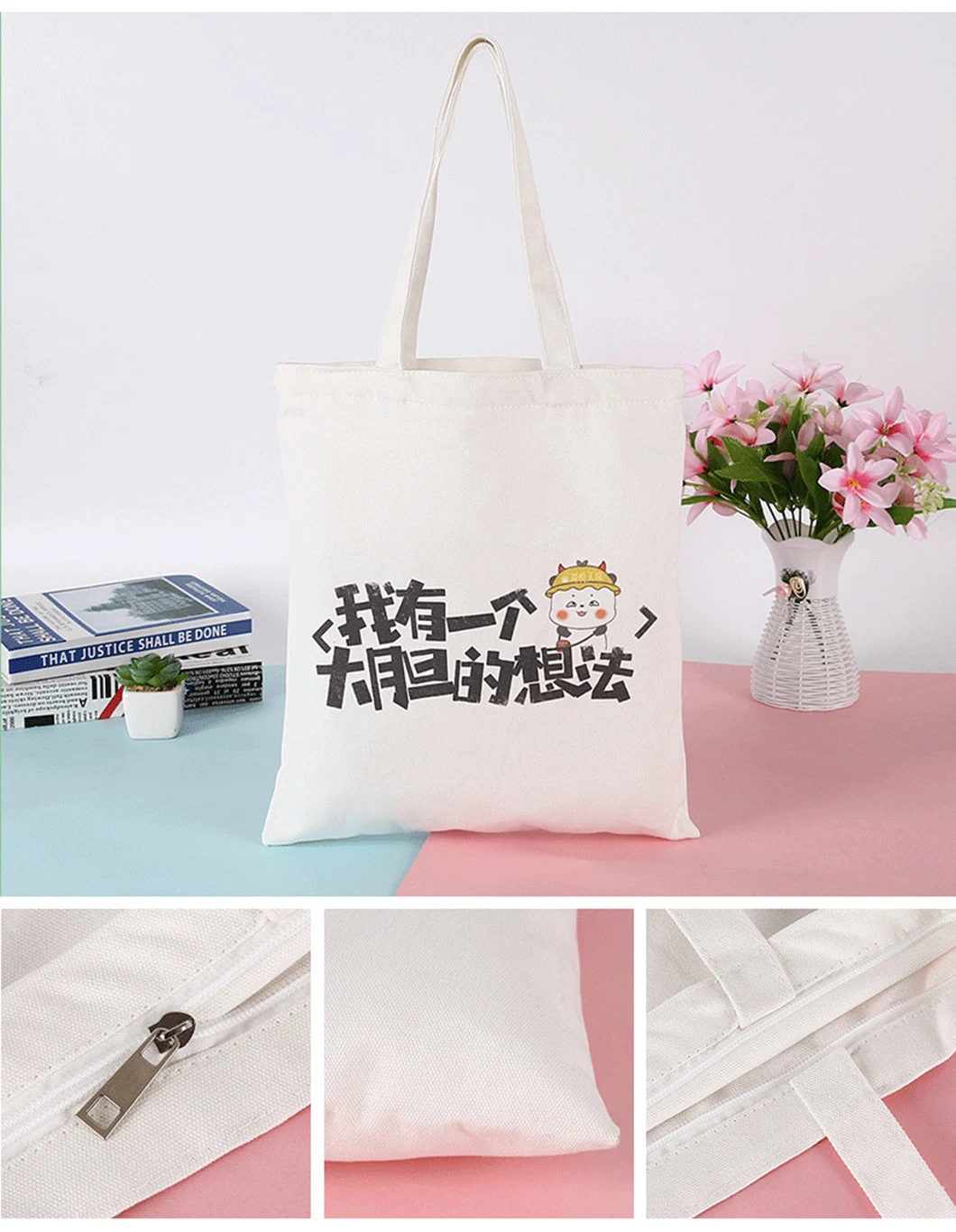 Custom Tote Makeup Blank Cotton Fabric Vintage Genuine Leather Waxed Messenger Grocerie Logo PU Handle Canvas Bag