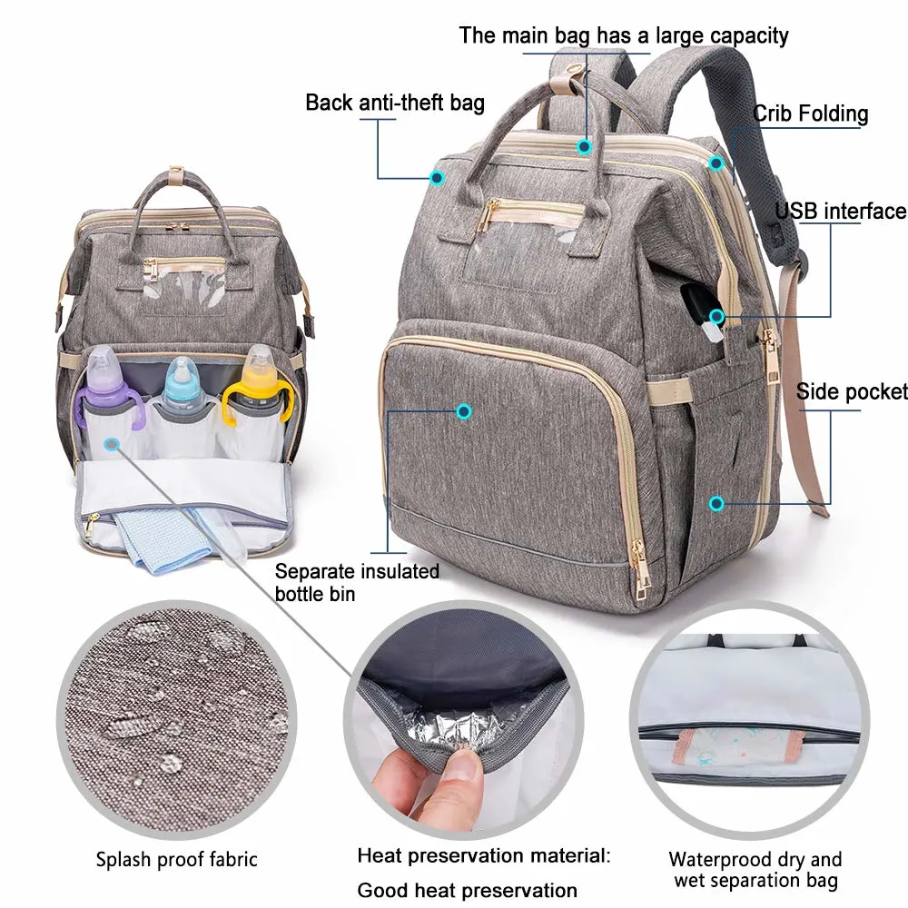 3 in 1 Travel Bassinet Foldable Baby Bed, Diaper Bag Backpack Changing Station, Waterproof, USB Charging Port, Baby Bag Portable Crib
