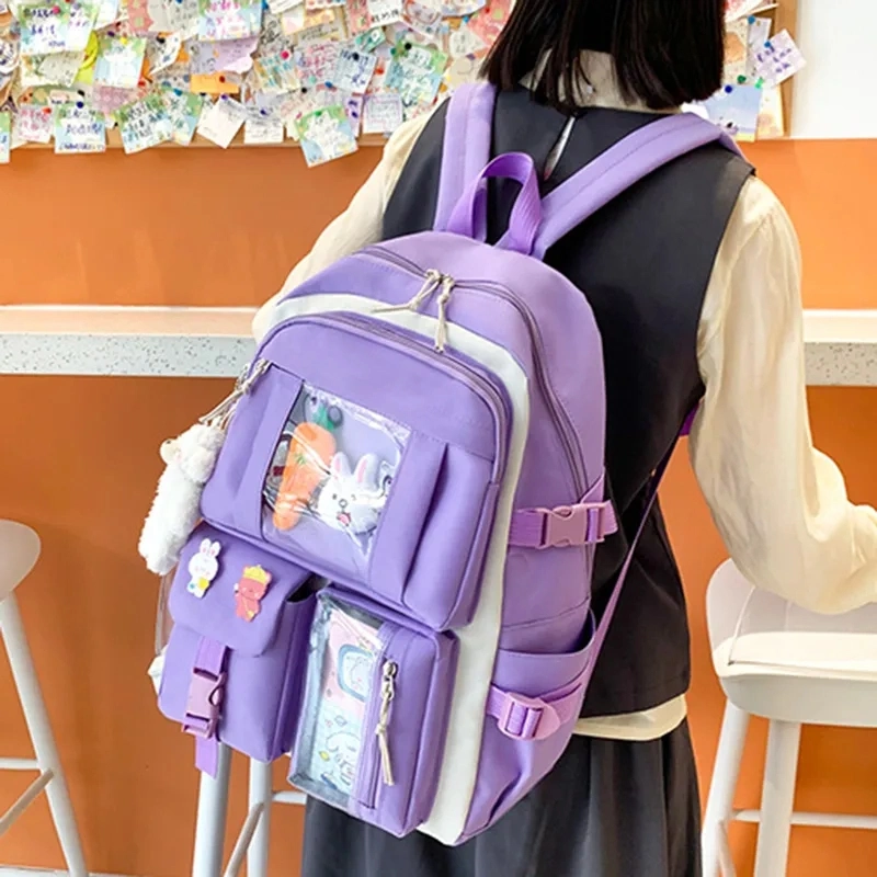 4 PCS Set Canvas Girls Kawaii College Student Kids Rucksack School Bags for Teenage