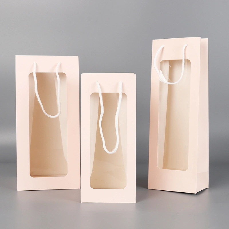 Wholesale Stock Long Stylegift Kraft Paper Glass Bottle Cosmetics Handheld Printing Tote Carrier Flower Red Wine Wedding Shopping Paper PVC Window Packaging Bag