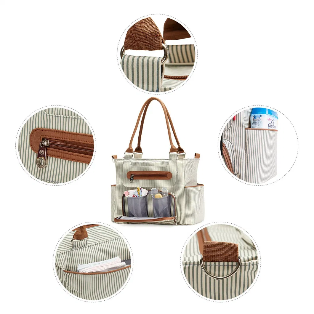 Custom Striped Style Hand Tote Diaper Bag Sets Include Changing Pad Stroller Clips Bottle Insulate Bag Packing Cube Weekend Bag Hospital