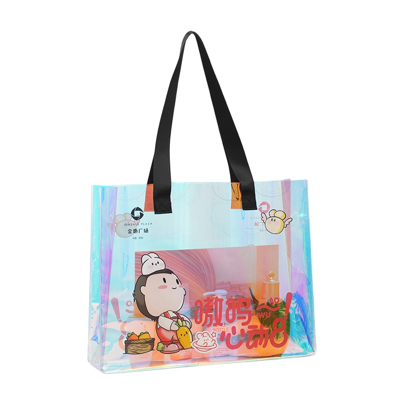 Holographic Transparent Handbags Bag Laser Clear PVC Tote Shopping Bag with Printed PP Handle