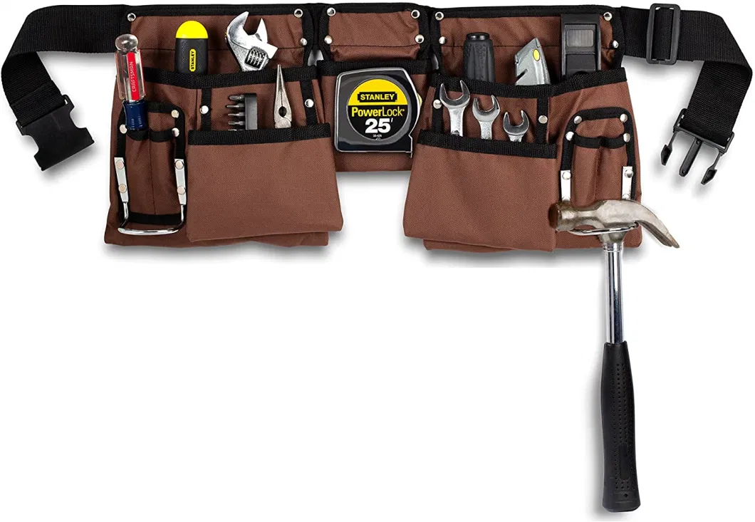 11 Pocket Brown and Black Heavy Duty Construction Tool Belt Work Apron Tool Pouch with Poly Web Belt Quick Release Buckle