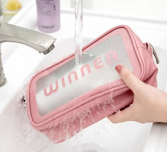 Hot Sell Private Label Pink Transparent Makeup Bag Travel PU Clear Cosmetic Bag