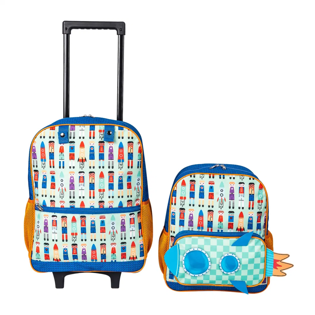 Custom Design Full Set Children Travel Bag Kids Cartoon Waterproof Trolley School Bag with Extra Backpack, Lunch Bag and Pencil Case