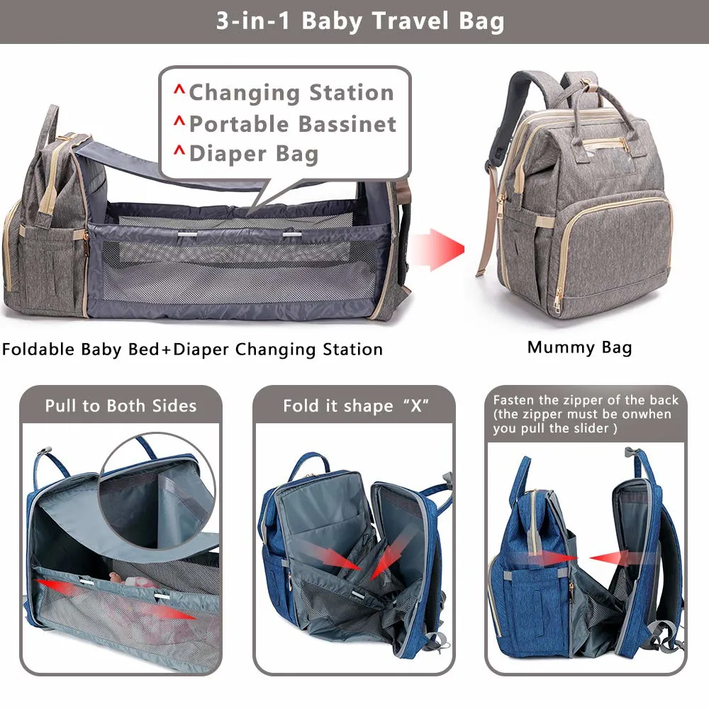 3 in 1 Travel Bassinet Foldable Baby Bed, Diaper Bag Backpack Changing Station, Waterproof, USB Charging Port, Baby Bag Portable Crib