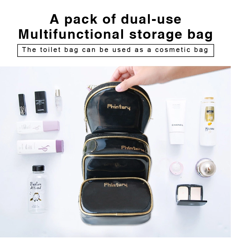 Wholesale Luxury Black Shiny PU Toiletry Cosmetic Bag Travel Bag