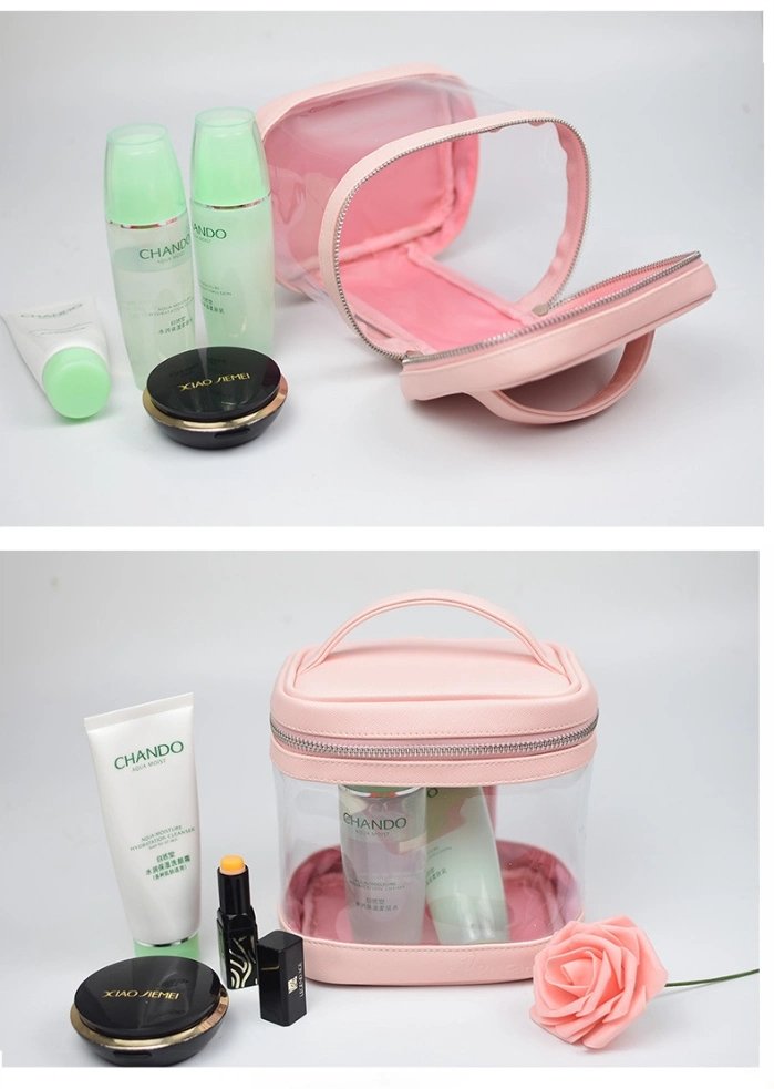 Promotional Customize Travel Transparent Pink PU Cosmetic Bag Pouch Clear Make up Bags