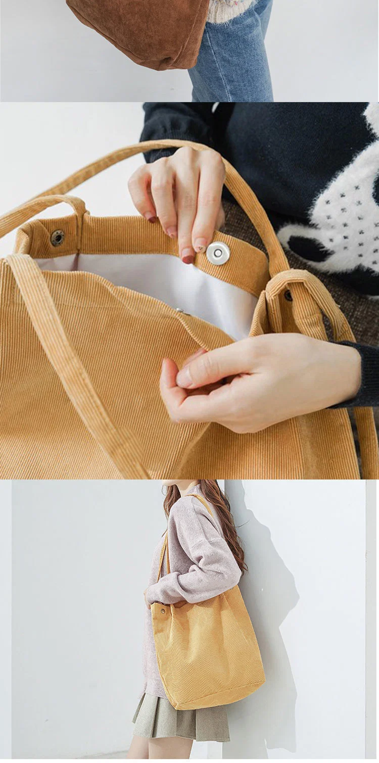 Fashion Travel School Custom Women Girl Shoulder Corduroy Shopping Tote Bag with Inner Pocket