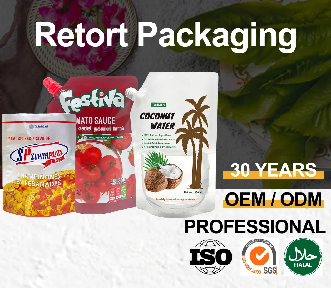 Manufacturer OEM Printed High Temperature Coconut Water Cooking Oil Stand up Spout Doypack Aloe Drink Tomato Sauce Retort Pouch