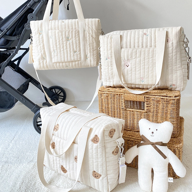 OEM Mommy Single Shoulder Bag Zipper Embroidery Cute Bear Print Multi Function Mom Bag Outing Baby Stroller Diaper Bags