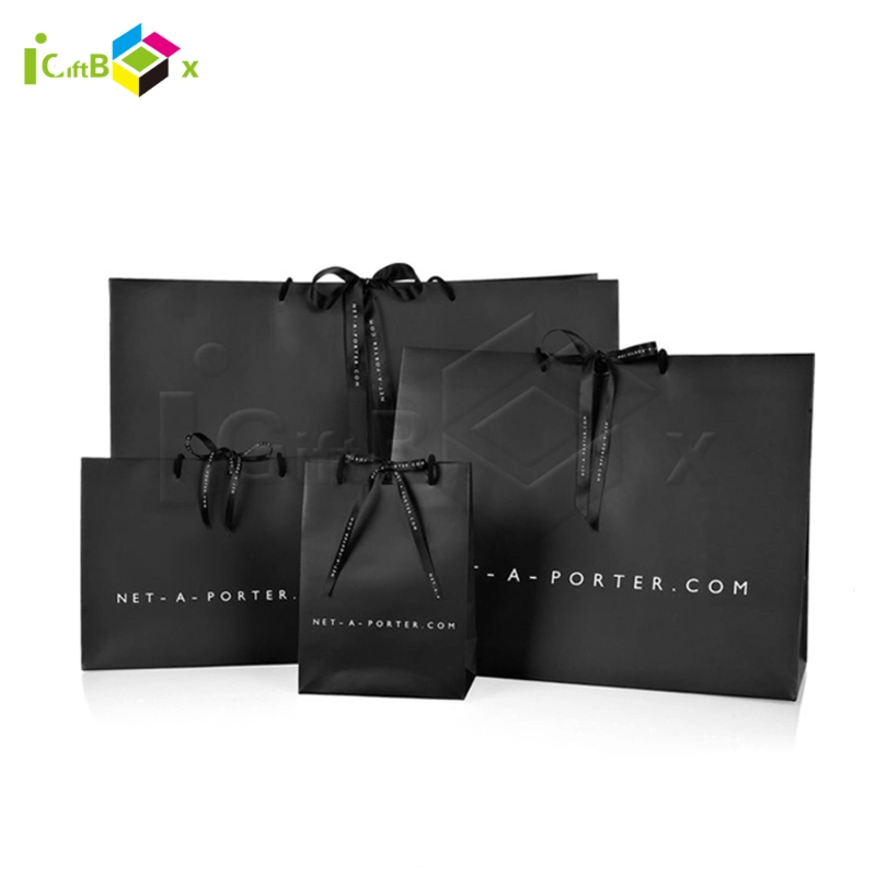 Custom Luxury Wholesale Designer Matt Black Fashion Logo Printed Packaging Kraft Shopping Gift Wrapping Paper Bag for Cosmetics/Clothing/Gifts