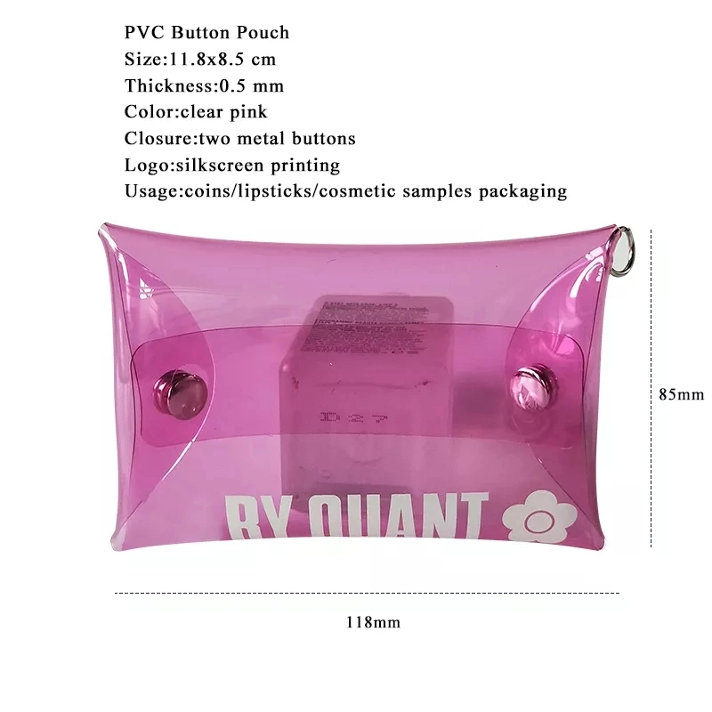 Eco Buttons Style Waterproof Clear Pink Custom Printed Coins/Lipsticks/Cosmetic Makeup Brush Bag PVC Plastic Packaging Pouch