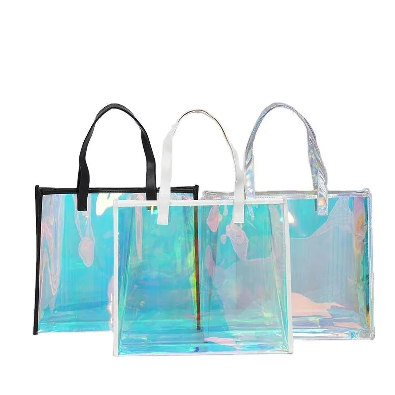 Custom Beach Bag PVC Shopping Bag Luxury Waterproof Clear Women Cosmetic Handbags Laser Tote Bags with Logo