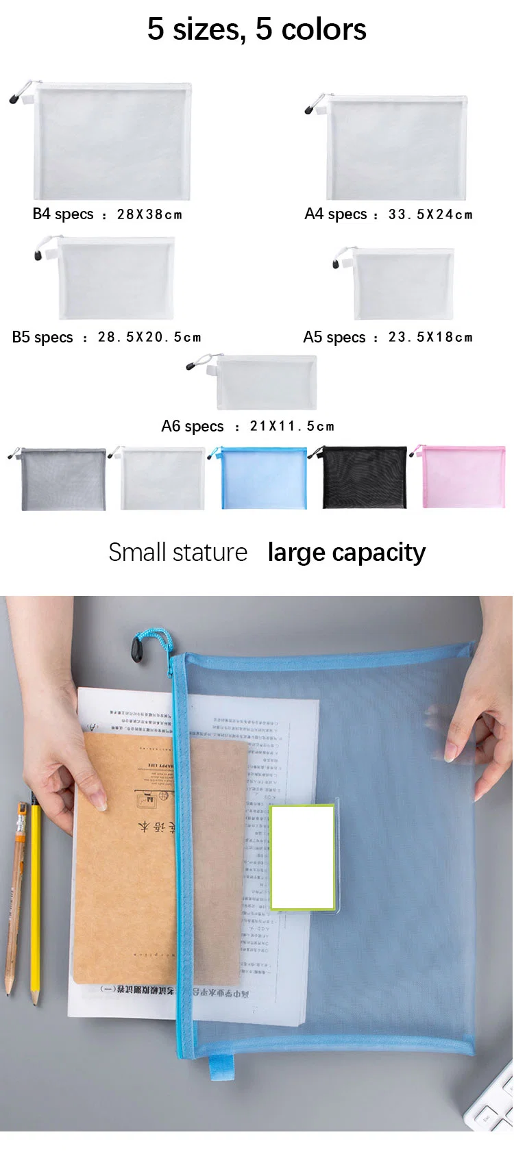 Direct Selling Transparent Nylon Mesh Zip File Stationery Bag Multi-Color Student Office Pencil Pouch