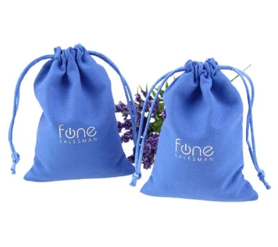  Bolsa de joyas de terciopelo azul con cordón ajustable de ante con logotipo plateado Bolsa de regalo