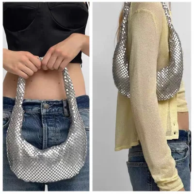 Custom Bolsa de hombro para mujer Metal Mesh Camiseta completa autoselladora para mujer Diseñador de calidad Cosmético brillante embrague underarm parte aleación de aluminio de lujo Bolsa de regalo