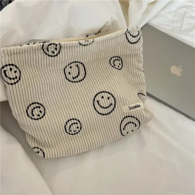Corduroy Smile Dots Makeup Organizer Storage Cosmetic Bag para mujeres y niñas Bolsa de lápices