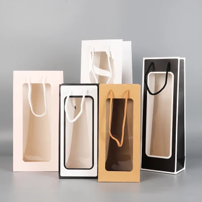 Venta al por mayor stylegift largo papel Kraft botella de vidrio Cosméticos de mano Imprimir Tote Carrier Flor vino Rojo Boda Compras papel PVC Bolsa de embalaje para ventanas