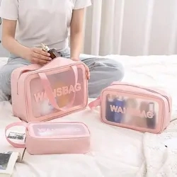 Logotipo personalizado PU impermeable de PVC negro viaje juegos la bolsa de aseo de lujo en las mujeres de la bolsa de maquillaje Belleza niña rosa claro de viajes Bolsa de cosméticos