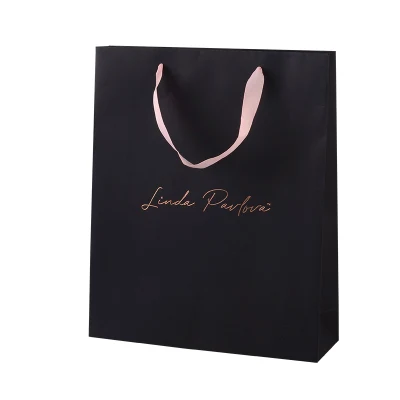 Bolsas de papel para compras personalizadas con asa de cinta de papel negro y lazo, con papel de tarjeta dorada para ropa interior, prendas de vestir, zapatos y ropa.