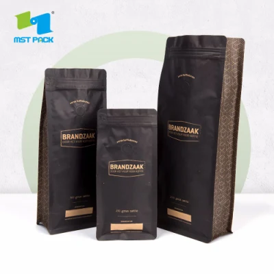  Bolsa de embalaje de alimentos y granos de café de papel kraft negro con fondo cuadrado, cierre frontal con cremallera, impresa a medida y biodegradable.
